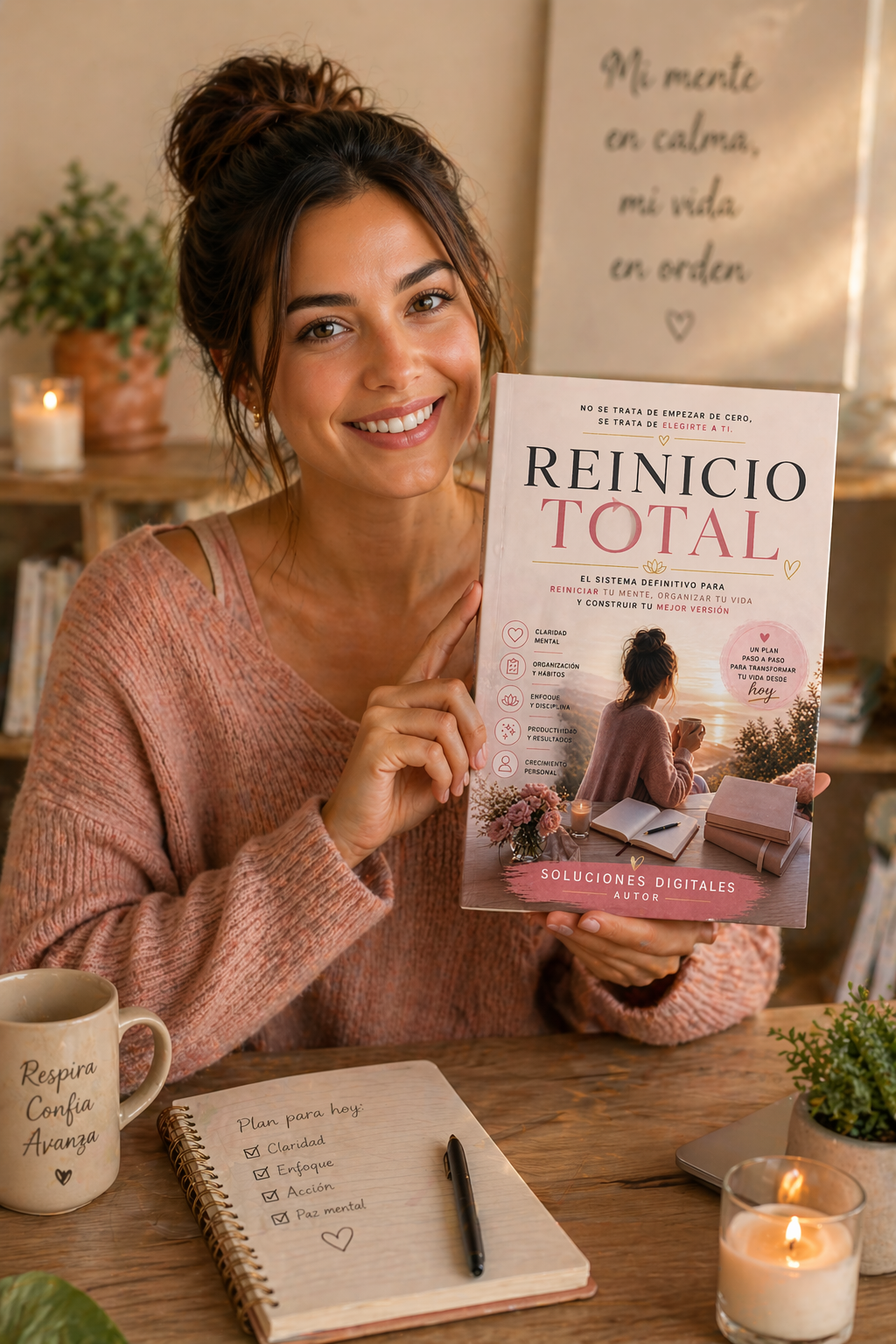 Mujer sonriente sosteniendo el libro Reinicio Total